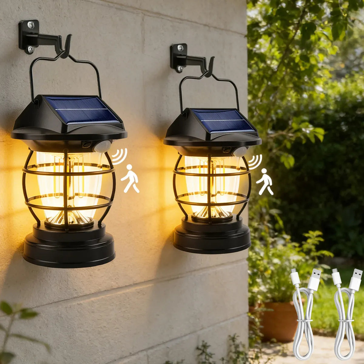 Lámpara Solar de Pared Exterior con Sensor de Movimiento - 2 Piezas