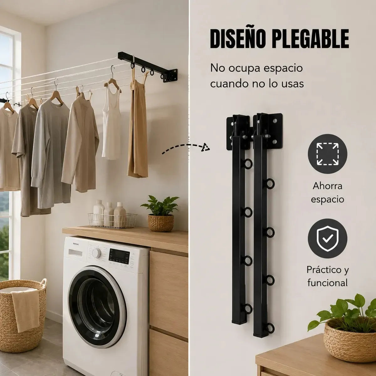 Tendedero Plegable Retráctil de Metal Reforzado para Interiores y Exteriores