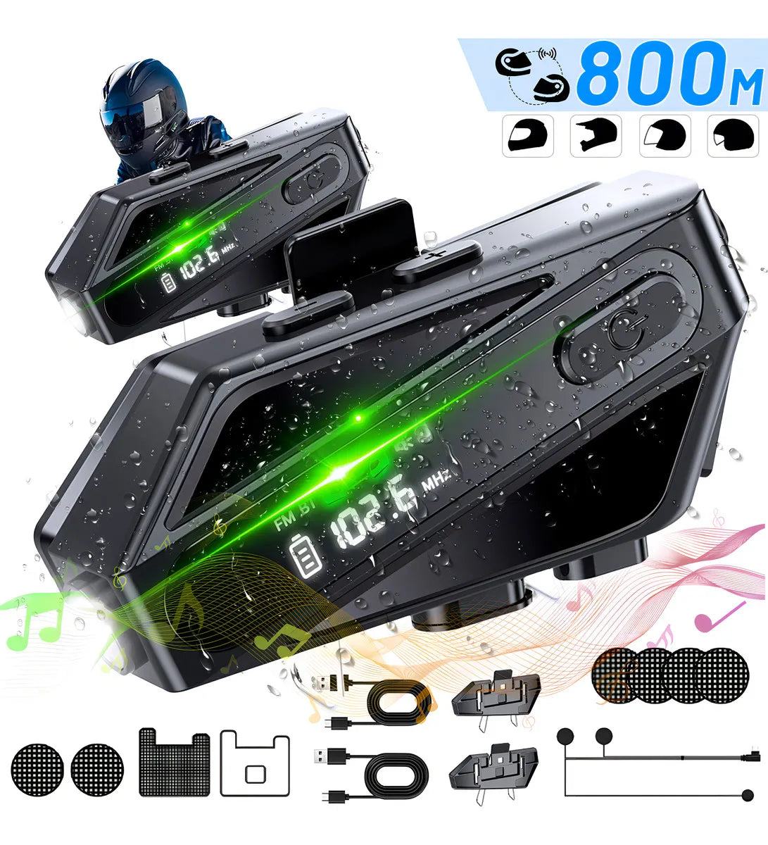 Intercomunicadores Bluetooth para Moto - Alcance 800m, IPX7, 2 Piezas