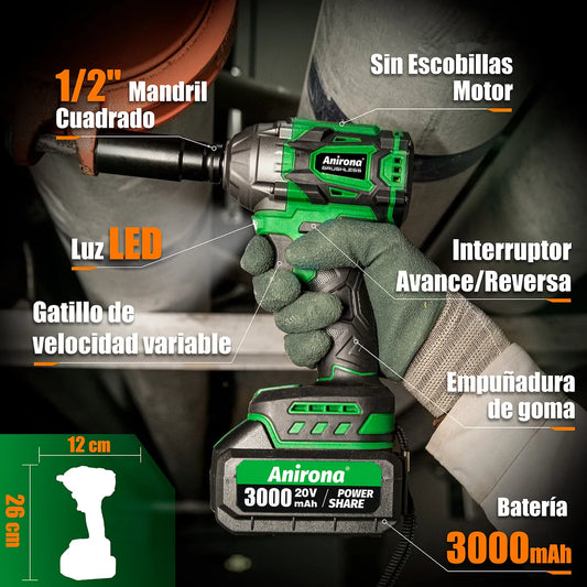 Llave de Impacto Inalámbrica con 2 Baterías - Kit Completo Anirona 3.0ah