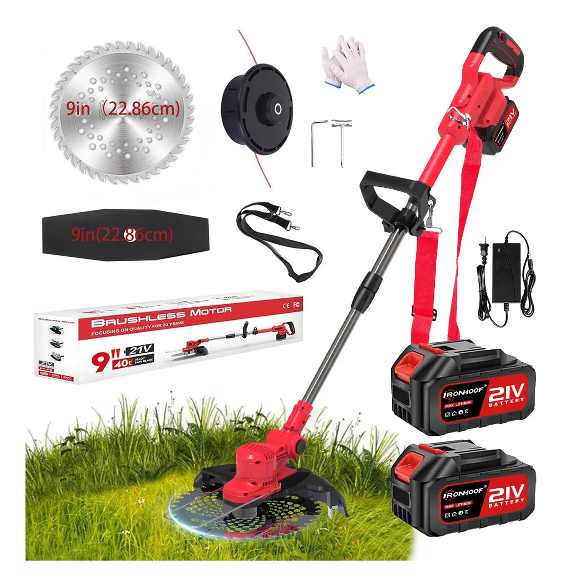 Desbrozadora Eléctrica Inalámbrica Sin Escobillas 9" Color Rojo Ideal para Jardines