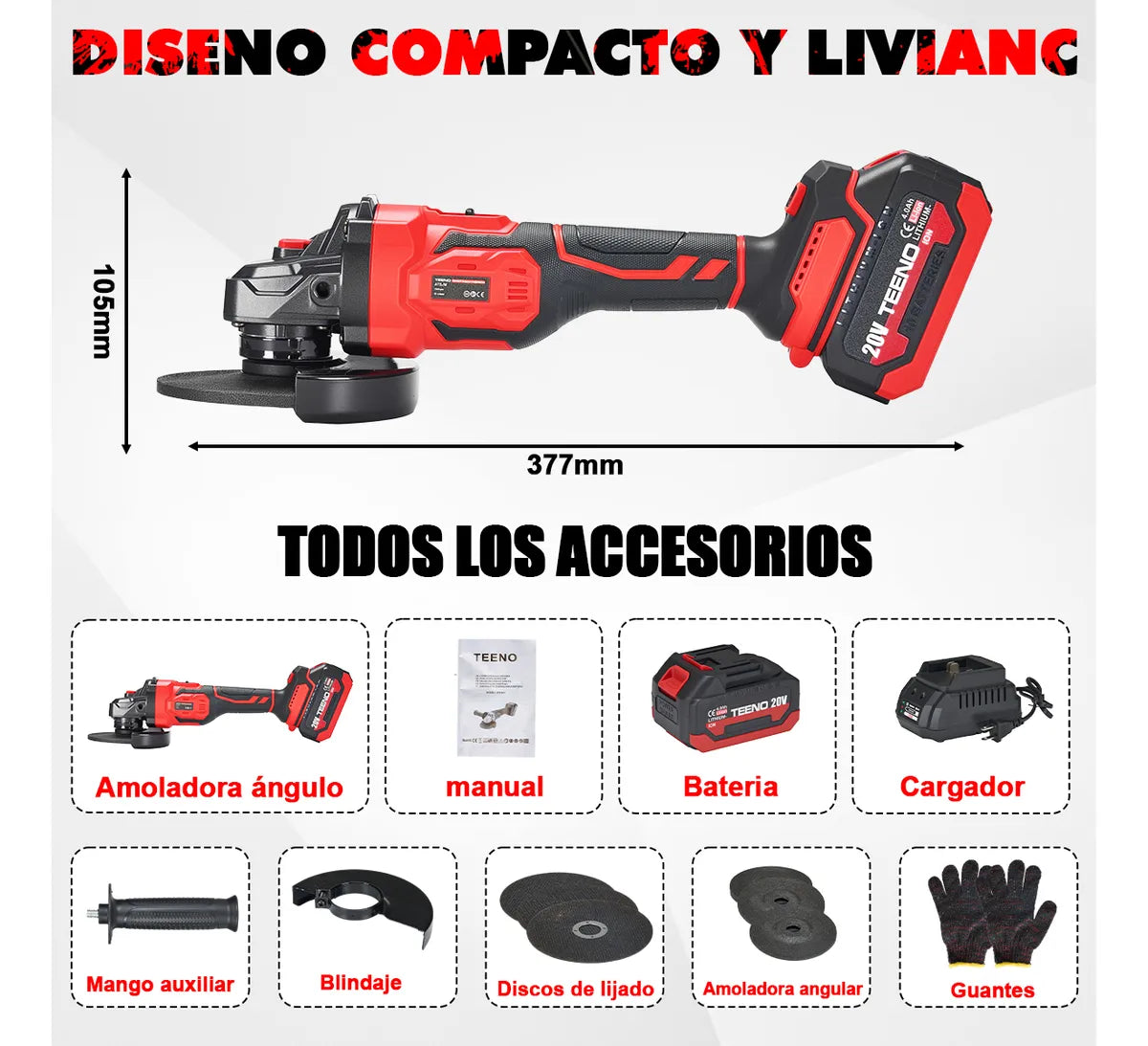 Esmeril Angular Inalambrico 20V 4Ah 5 Pulgadas para Trabajos Pesados - Metacompras