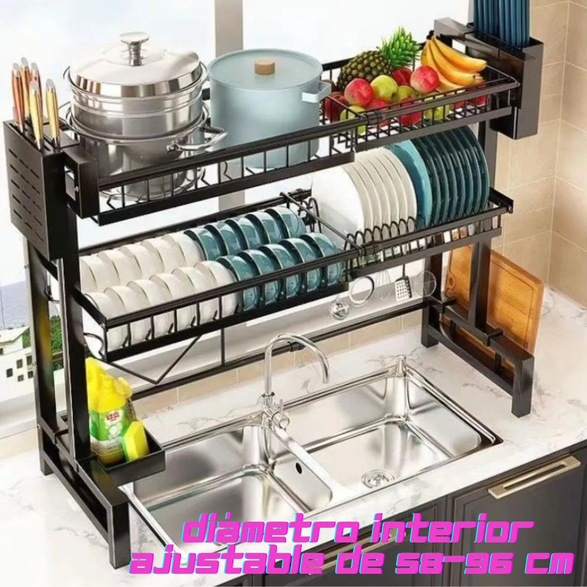 Escurridor de Trastes 2 Niveles Organizador de Platos Color Negro