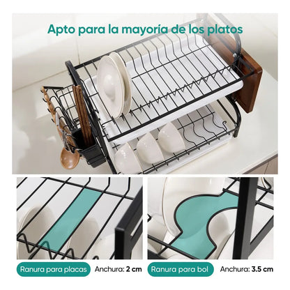 Escurridor de Platos de Acero Inoxidable de 2 Niveles con Cubiertero