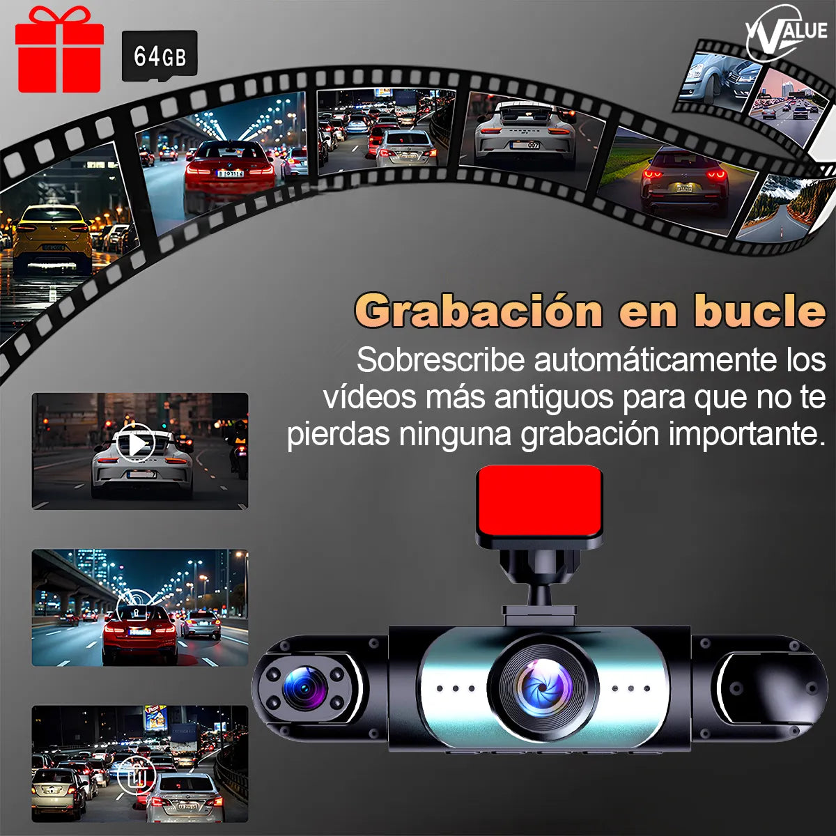 Cámara para Auto con Visión Nocturna y Luz LED - 64GB Incluidos