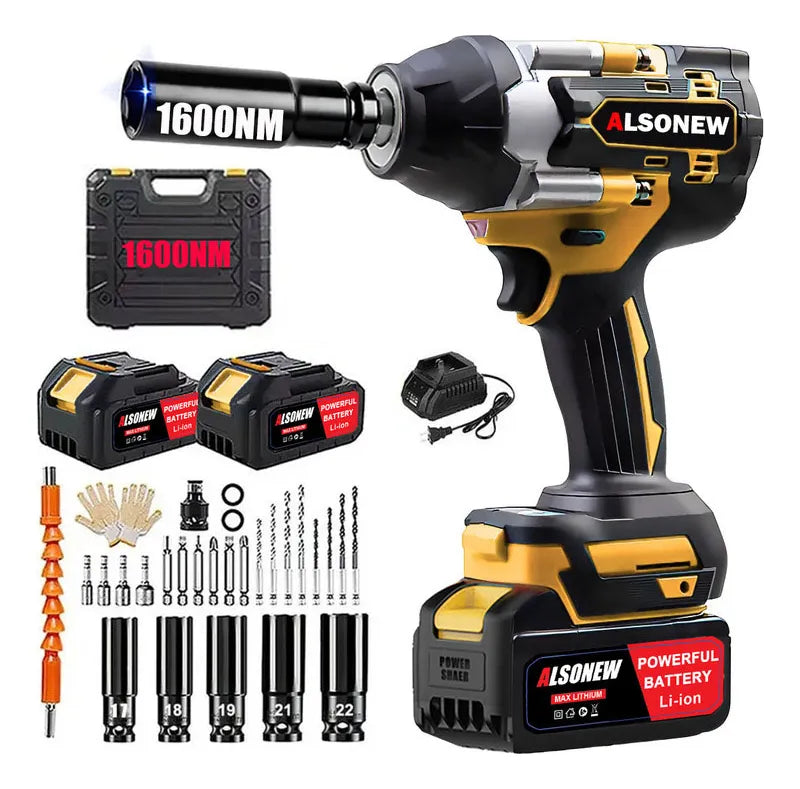 Kit Completo de Llave de Impacto Inalámbrica 1600nm con 2 Pilas Amarillo - Metacompras