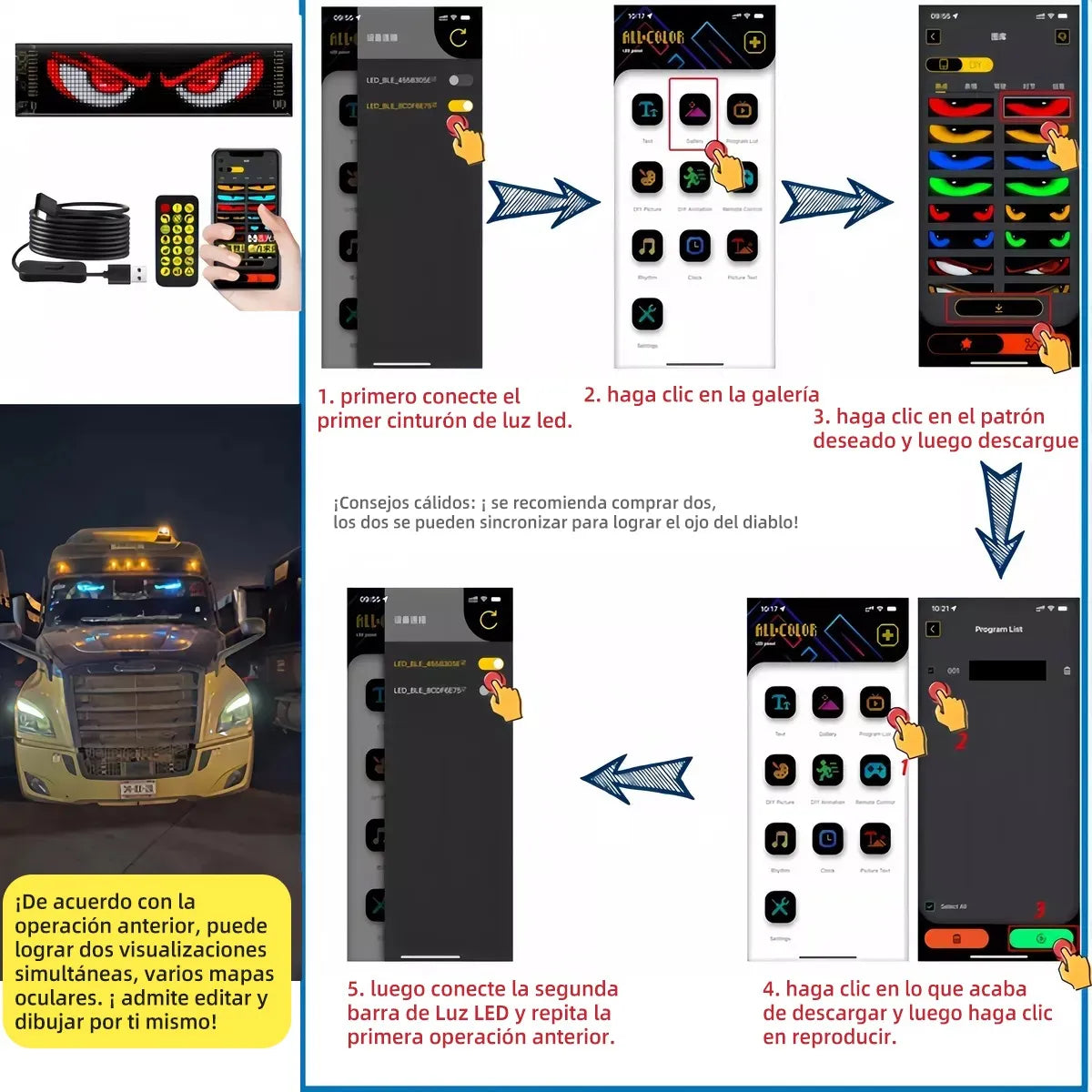 Pantalla Flexible LED Programable con Efecto Ojos - Paquete de 2 Pzas