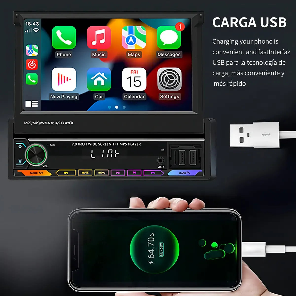 Retractable 7" Car Stereo with Android 13, CarPlay, and WiFi