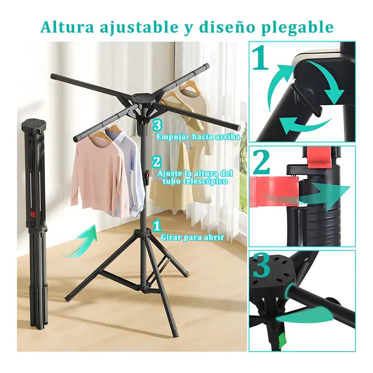 Tendedero Plegable Interactivo con Altura Ajustable y Diseño Compacto