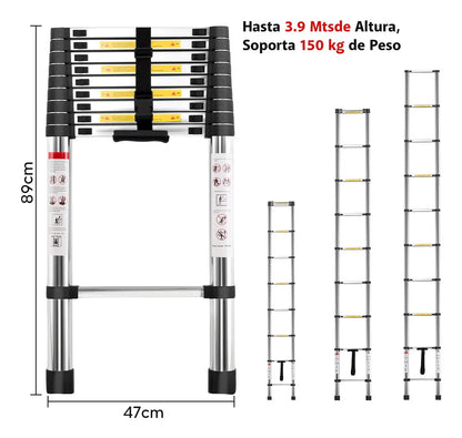 Escalera Telescópica Plegable 3.90m con Tacos Antiderrapantes - Metacompras