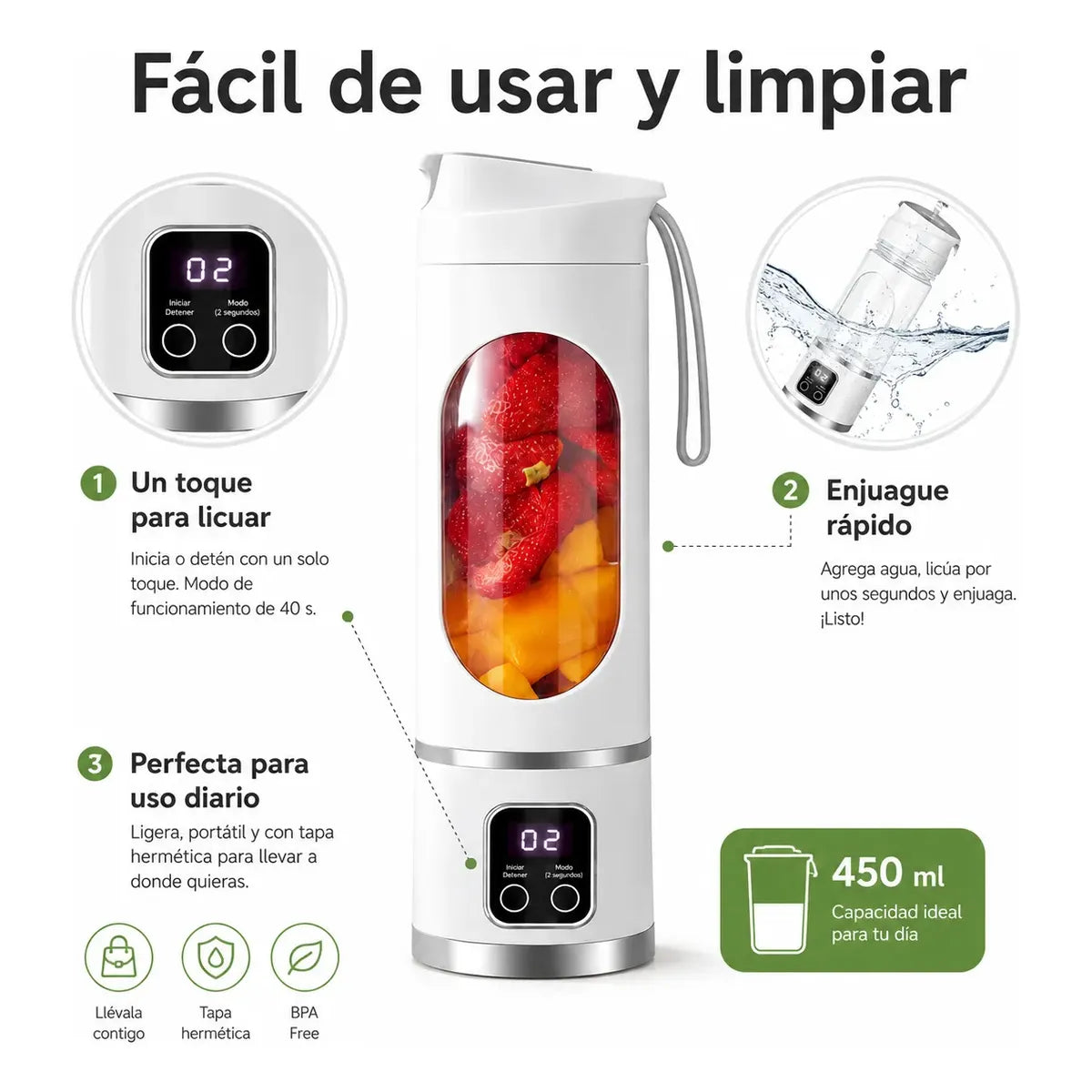 Licuadora Personal Portátil 450ml Ideal para Gym y Viajes