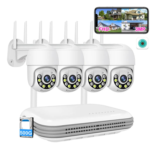 Kit Completo de 4 Cámaras de Seguridad Wifi 3MP con Visión Nocturna y NVR