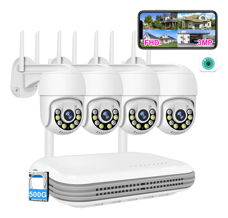 Kit Completo de 4 Cámaras de Seguridad Wifi 3MP con Visión Nocturna y NVR