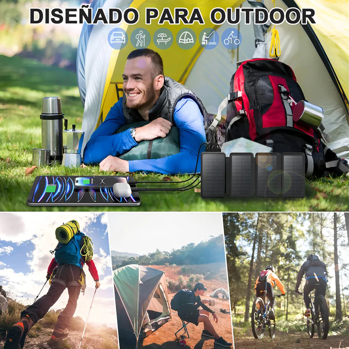 Power Bank Solar 30000mAh Portátil con 4 Páneles Solares - Metacompras