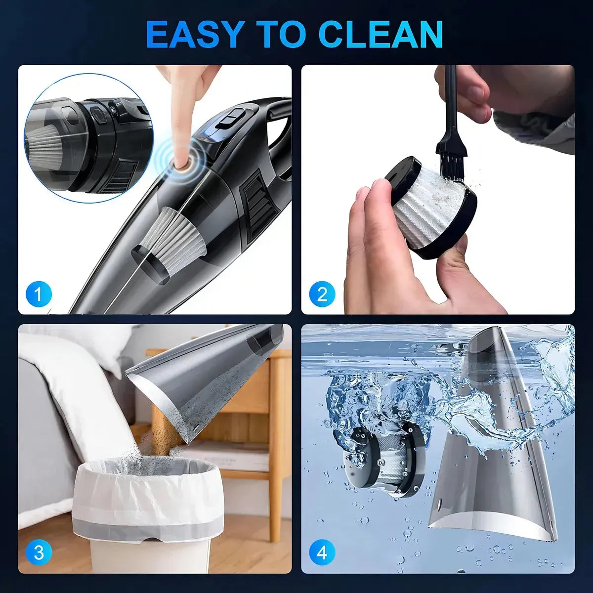 Aspiradora Portátil Inalámbrica con Filtro Lavable y LED para Hogar y Autos