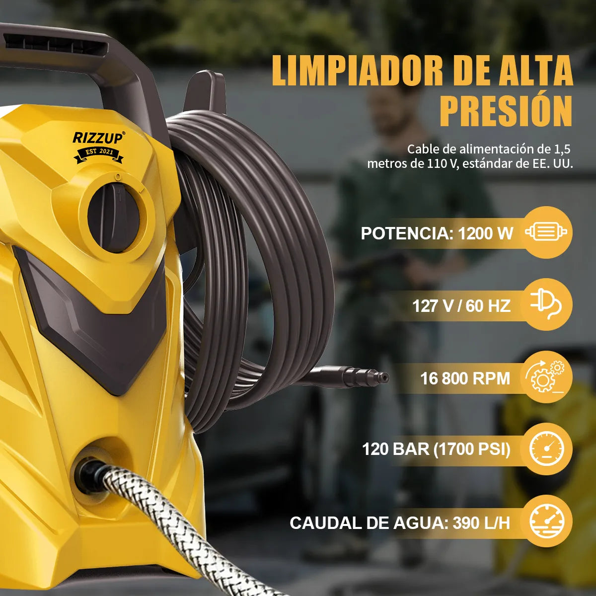 Hidrolavadora Eléctrica 1200W 1700 PSI Alta Presión 390L/h Amarillo - Metacompras