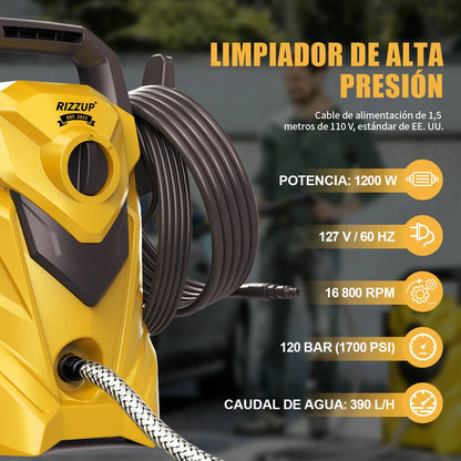 Hidrolavadora Eléctrica 1200W 1700 PSI Alta Presión 390L/h Amarillo - Metacompras