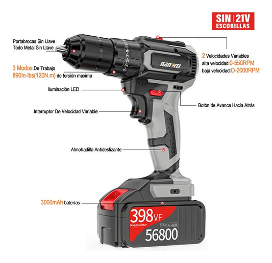 Taladro Rotomartillo Sin Escobillas con 2 Baterías 3.0ah Negro