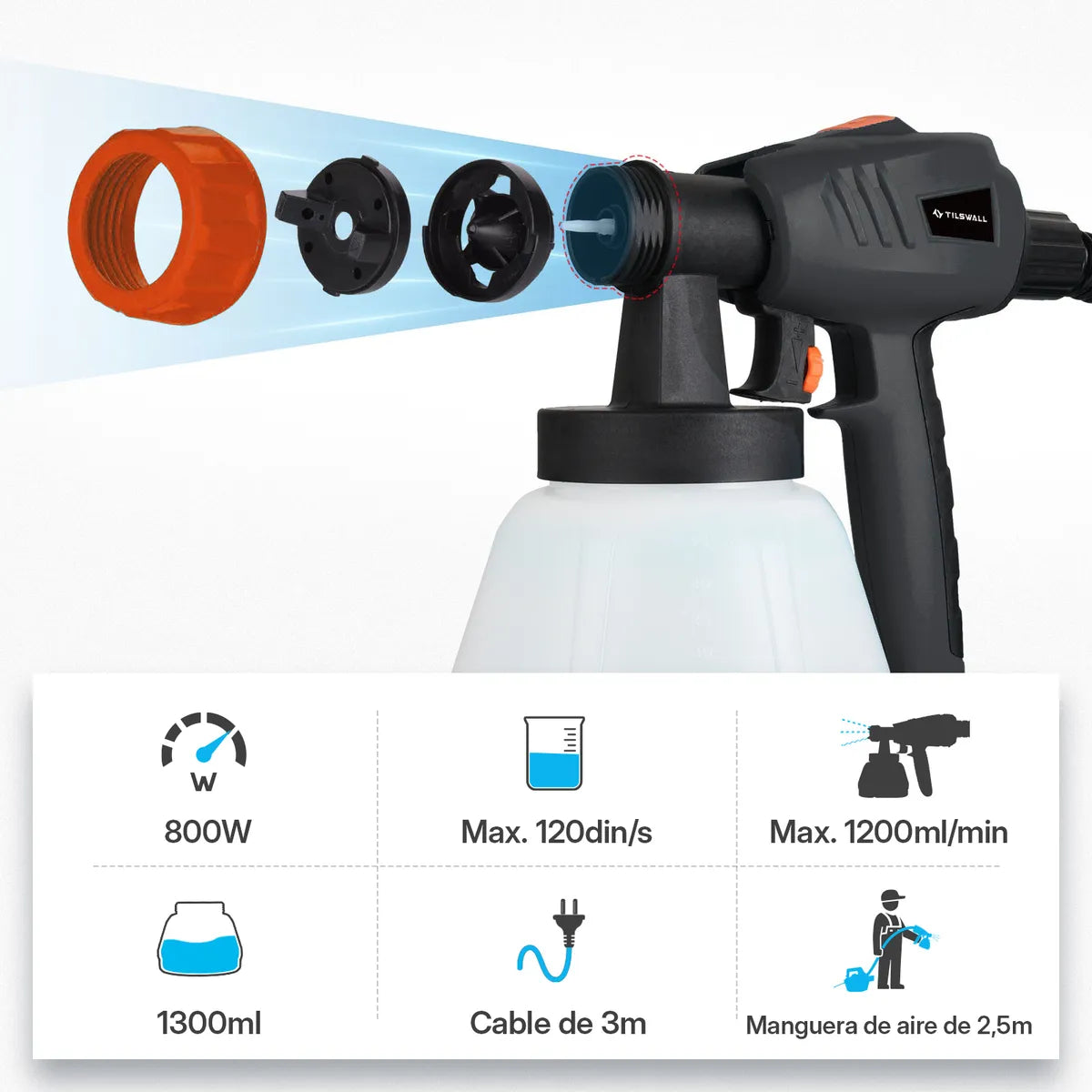 Pistola Para Pintar Eléctrica 800W con Recipiente de 1300ml Ideal para Proyectos