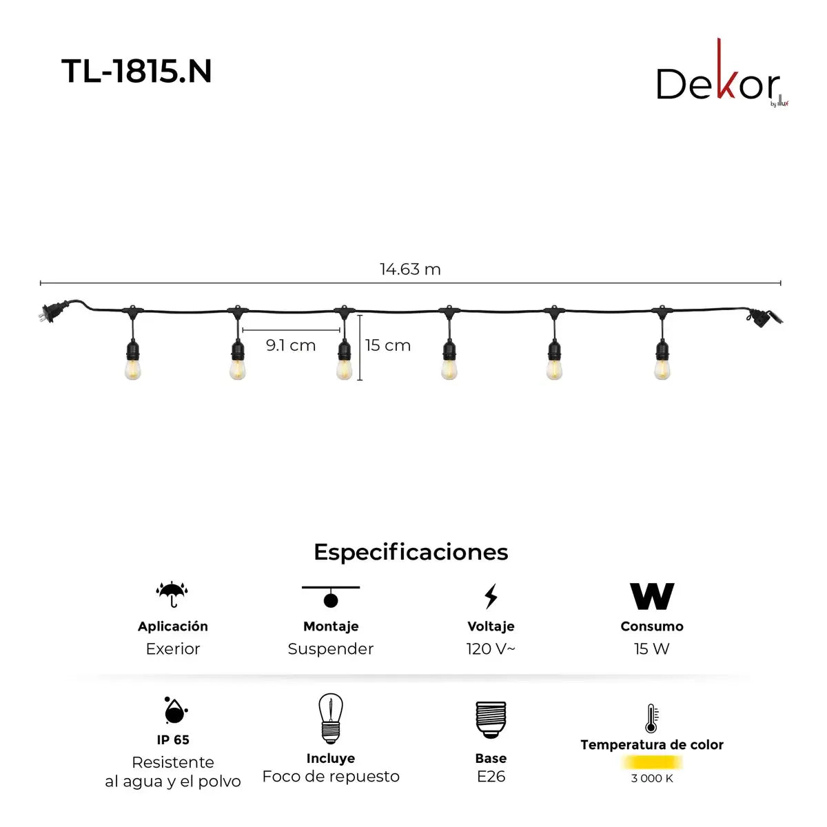 Serie de Luces Vintage LED 15 Focos 14.6m para Jardines y Eventos