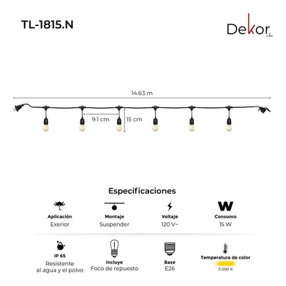 Serie de Luces Vintage LED 15 Focos 14.6m para Jardines y Eventos