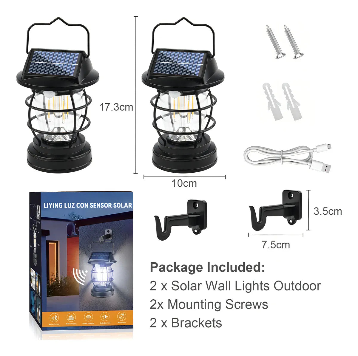 Lámpara Solar de Pared Exterior con Sensor de Movimiento - 2 Piezas - Metacompras