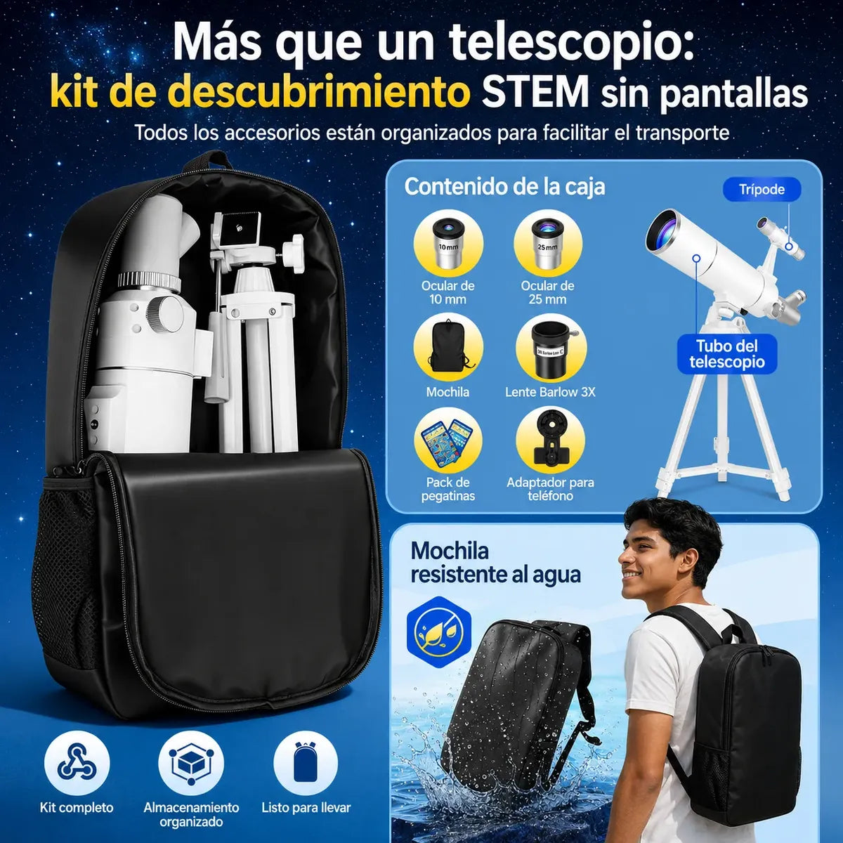 Telescopio 80mm con Mochila y Soporte para Celular - Exploración Astronómica Familiar