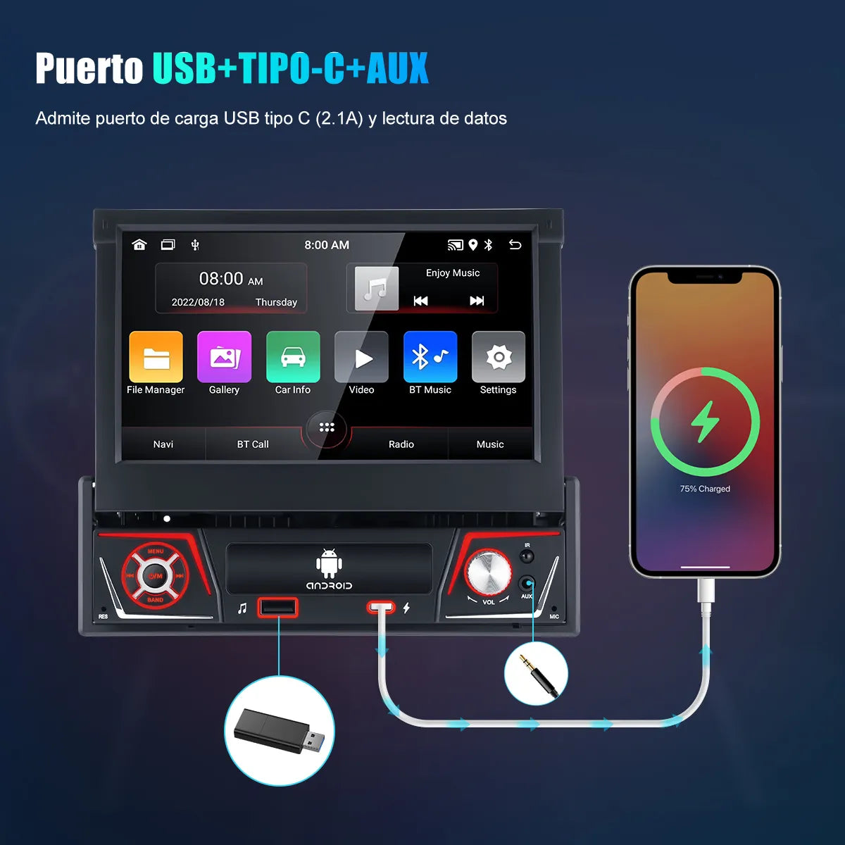 Autoestéreo retráctil 7" con Android 13, CarPlay y WiFi