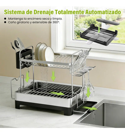 Escurridor de Platos de Acero Inoxidable con Drenaje Eficiente y 2 Niveles