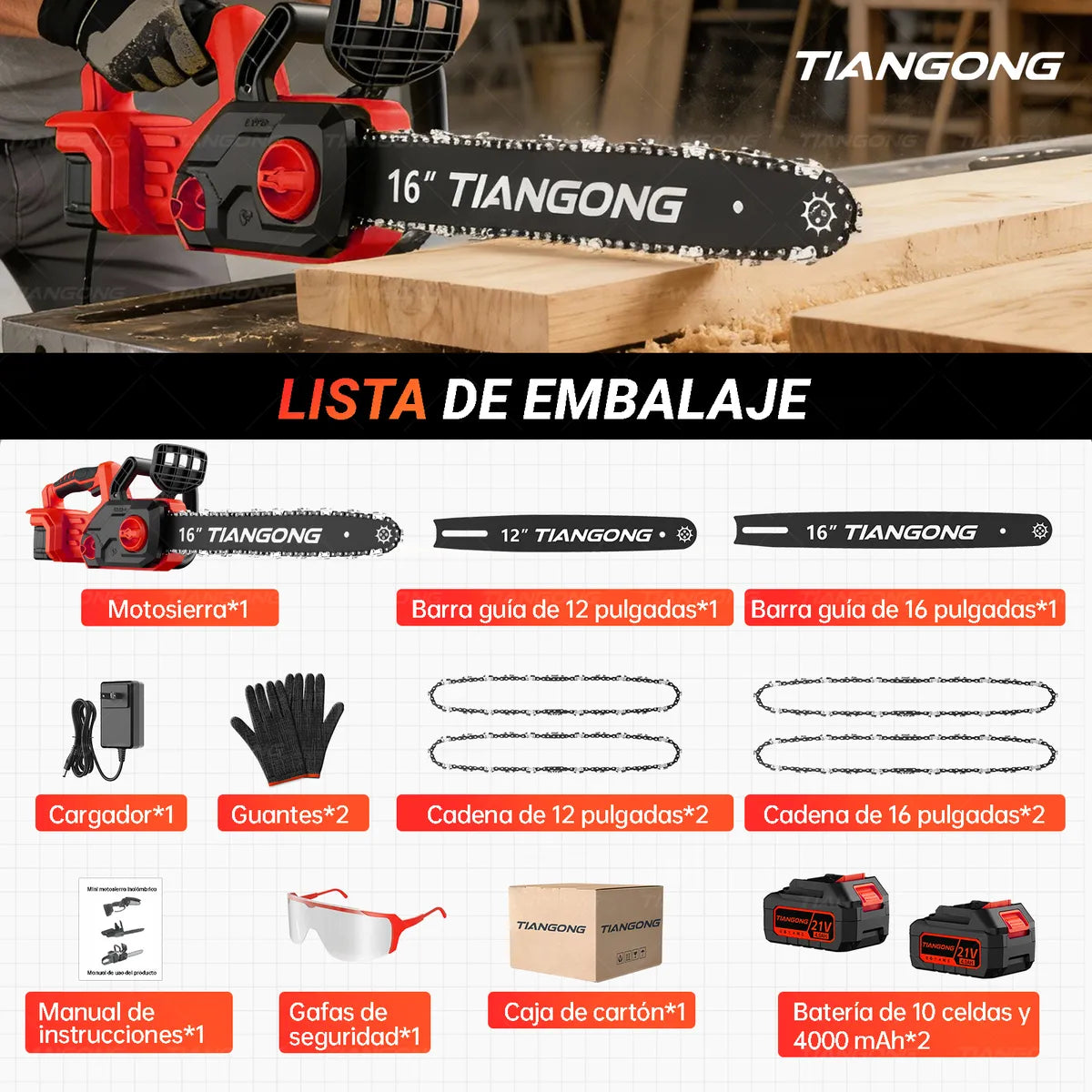 Motosierra Eléctrica Inalámbrica 16+12 - Kit 2 en 1 Sin Escobillas