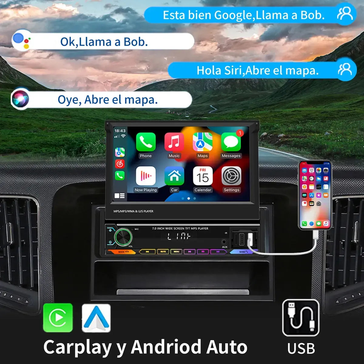 Retractable 7" Car Stereo with Android 13, CarPlay, and WiFi