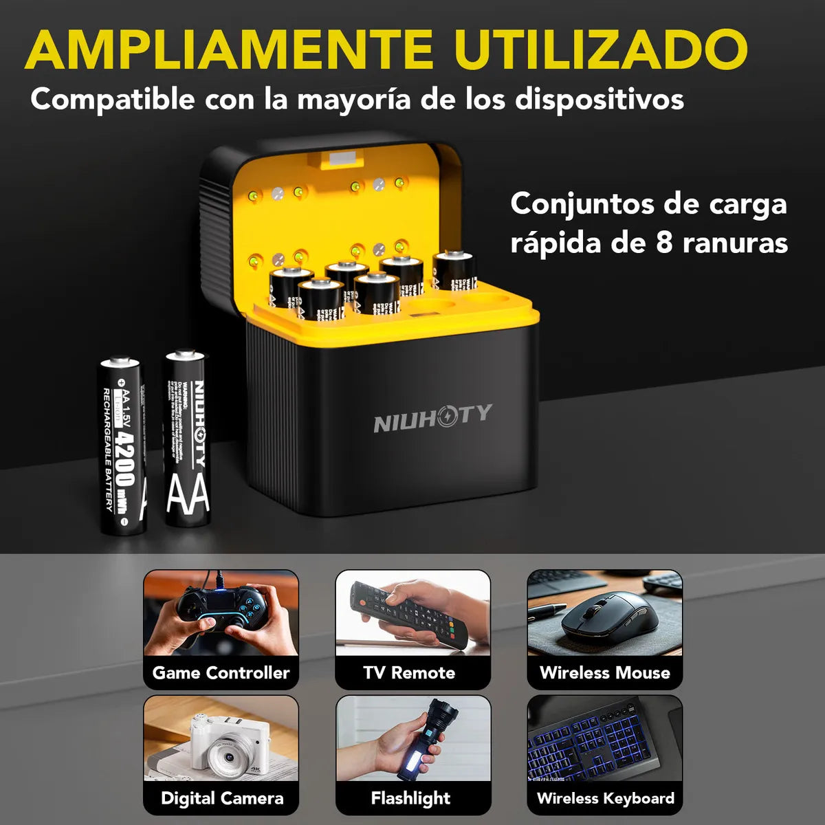 Cargador de Baterías Recargables con 8 Baterías AA - Carga Rápida en 3 Horas - Metacompras