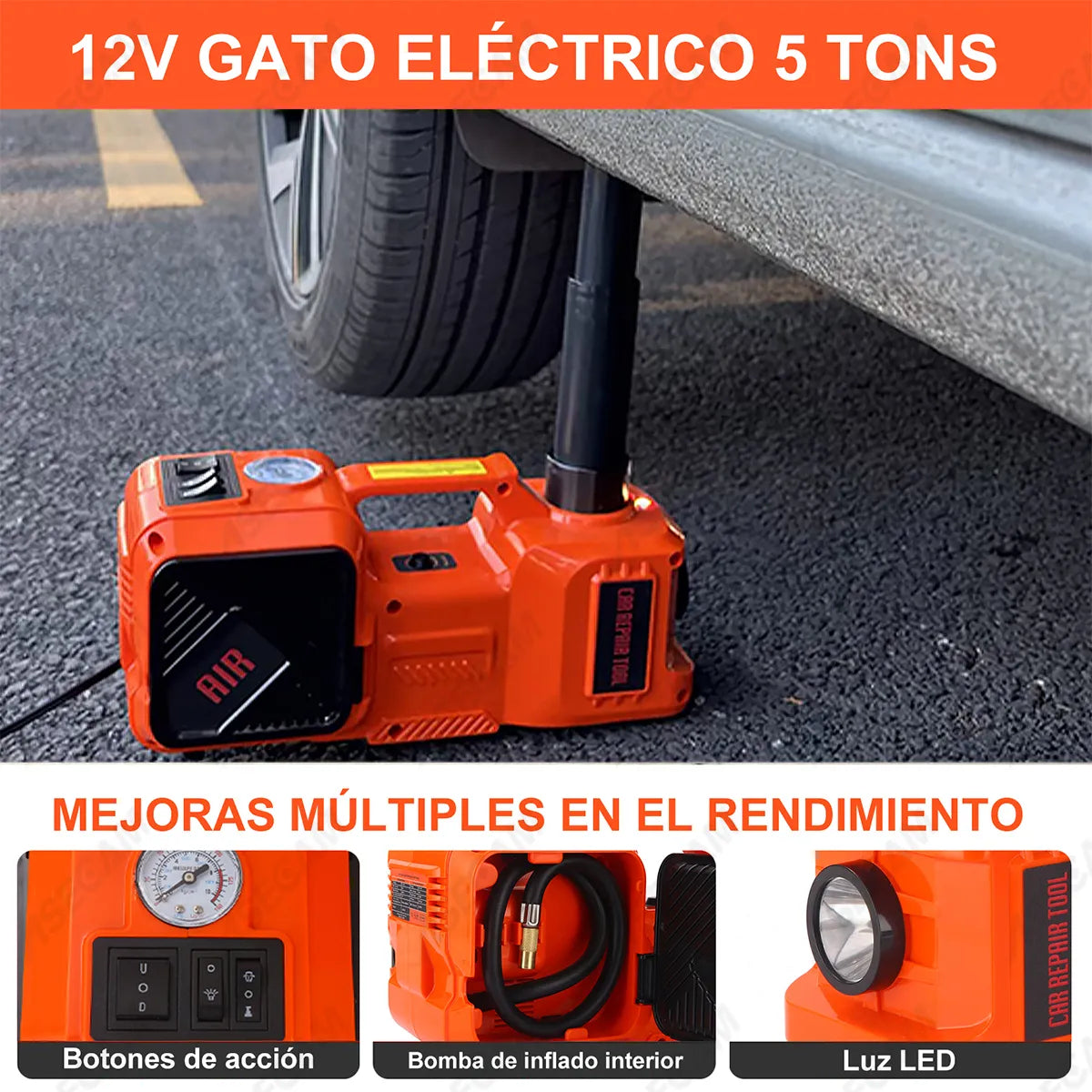Gato Hidráulico Eléctrico 12v 5 Ton Kit Completo 5 en 1 para Automóviles