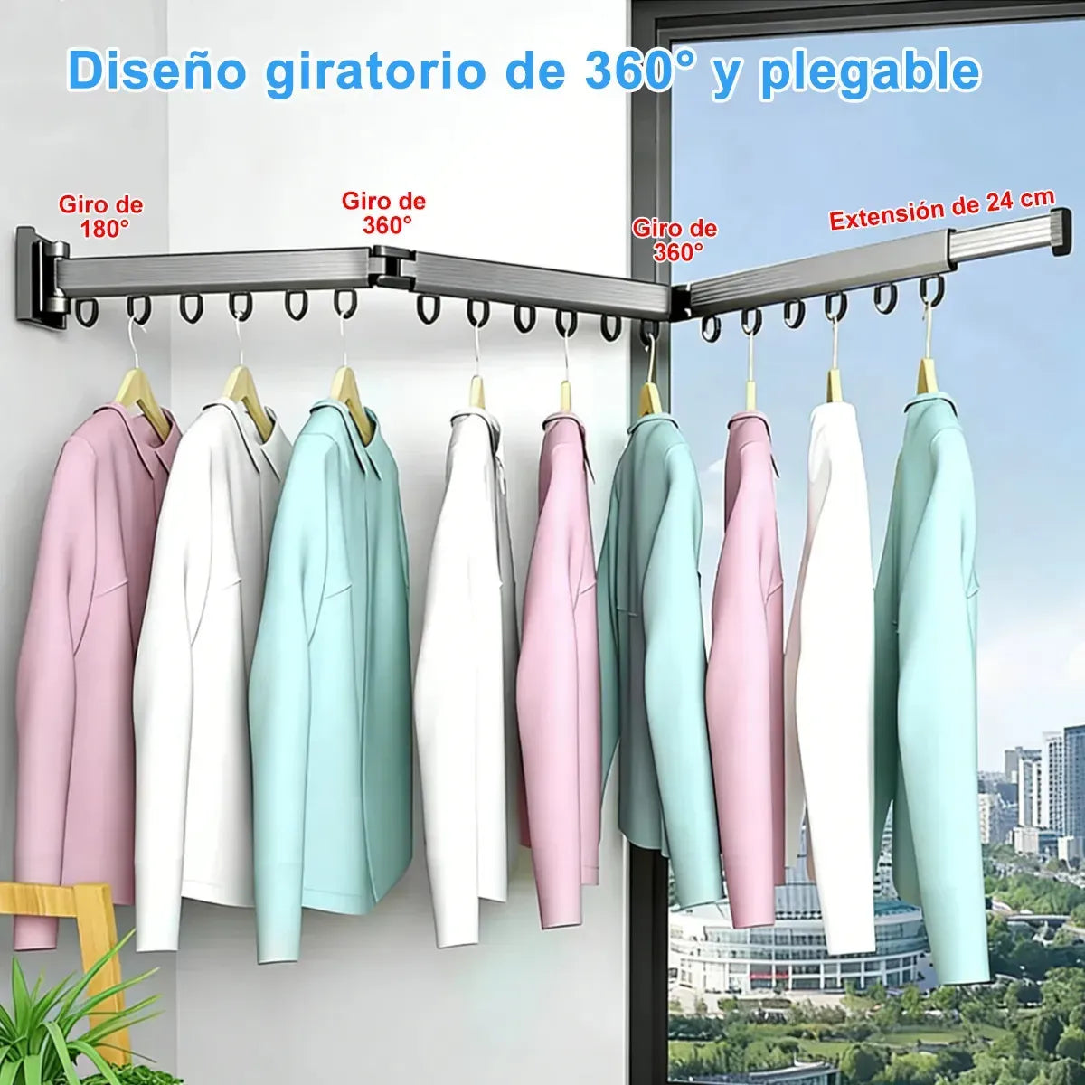 Tendedero Plegable de Pared 1.2m con 19 Ganchos y Capacidad de 30kg