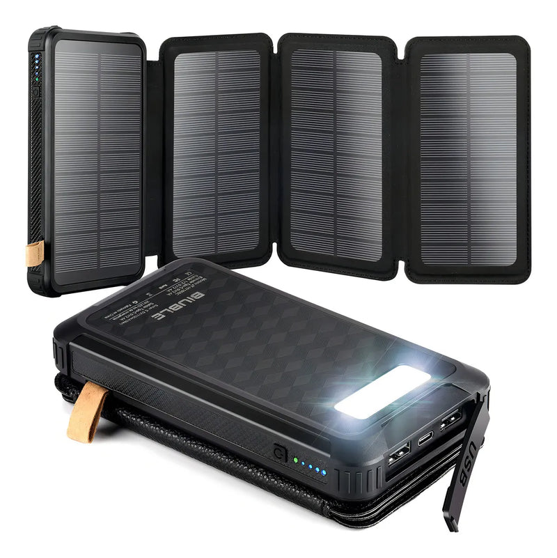 Power Bank Solar Portátil 30000mAh con 4 Páneles Solares Color Negro
