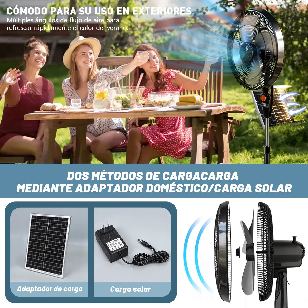 Ventilador Solar Recargable 20000mAh Silencioso y Potente