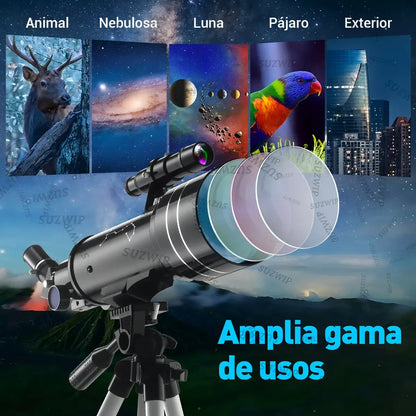 Telescopio Astronómico Profesional 70/400mm con Trípode Ajustable y Soporte para Móvil