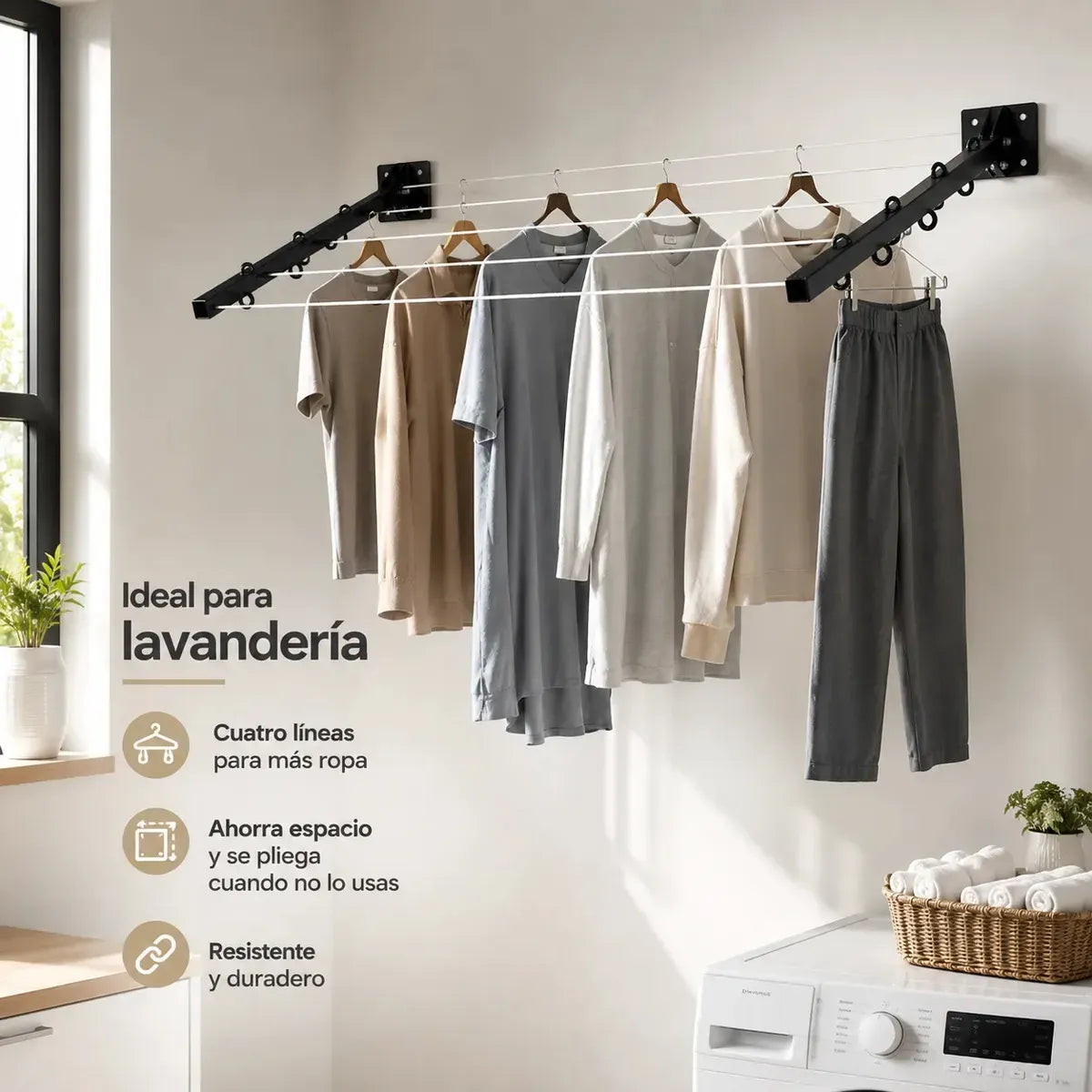 Tendedero Plegable Retráctil de Metal Reforzado para Interiores y Exteriores