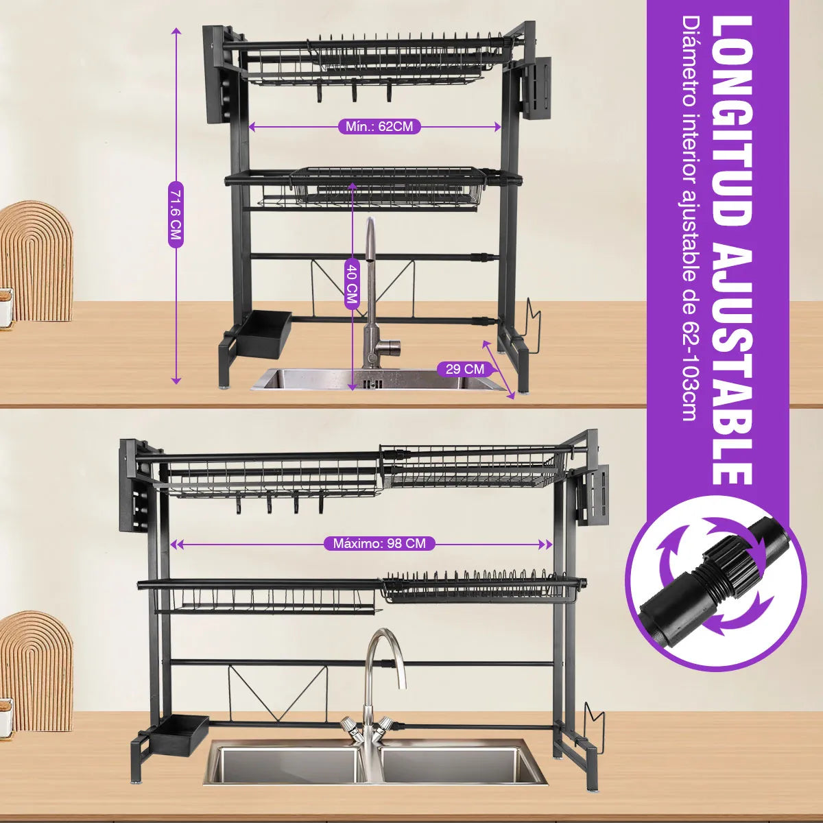 Escurridor de Trastes 2 Niveles Organizador de Platos Color Negro