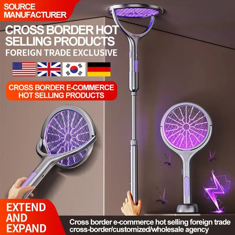 Matamoscas Eléctrico Telescópico con Luz LED para Control de Insectos