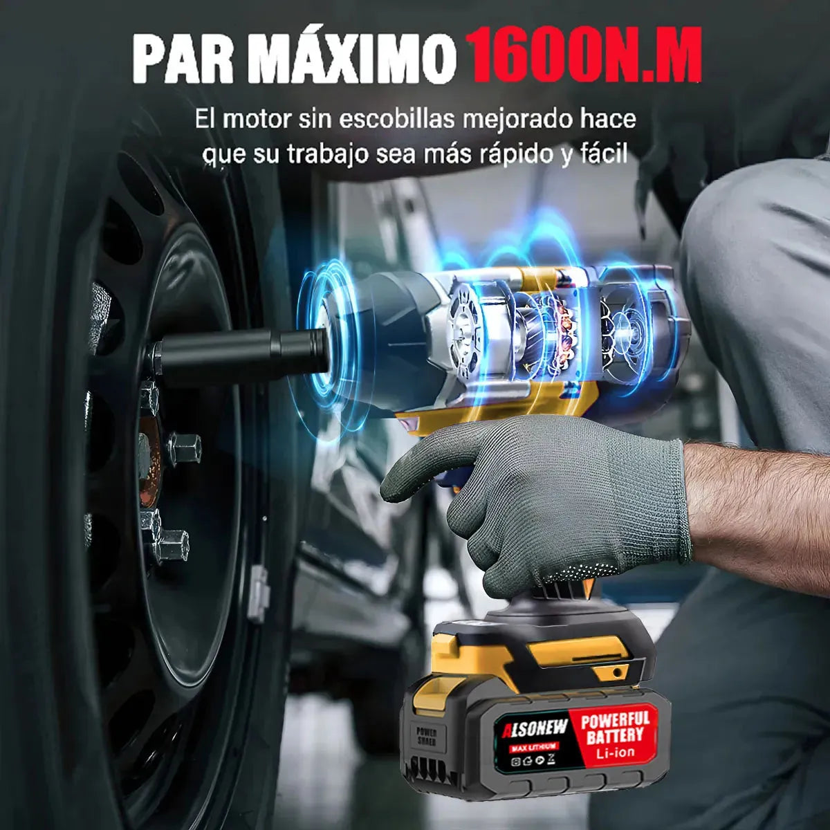 Kit Completo de Llave de Impacto Inalámbrica 1600nm con 2 Pilas Amarillo - Metacompras