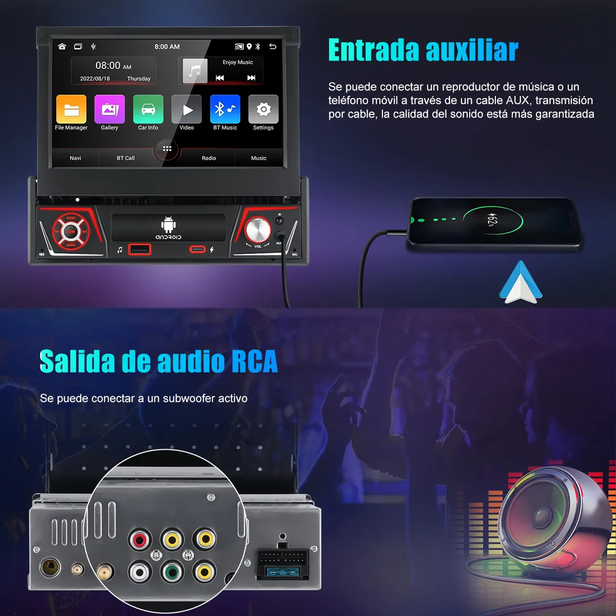 Autoestéreo retráctil 7" con Android 13, CarPlay y WiFi