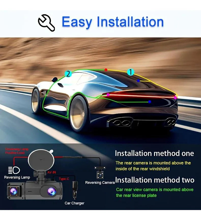 Dashcam 3 Cámaras HD con Wifi, Visión Nocturna y Control por App
