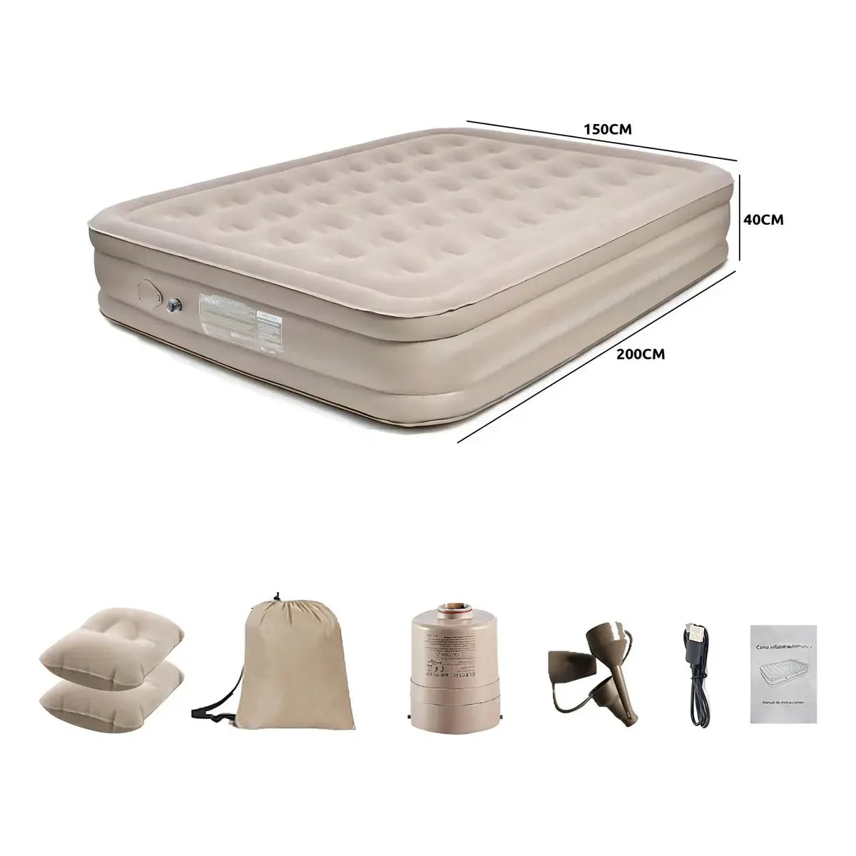 Colchón Inflable Queen con Bomba Eléctrica y Almohadas, 300kg