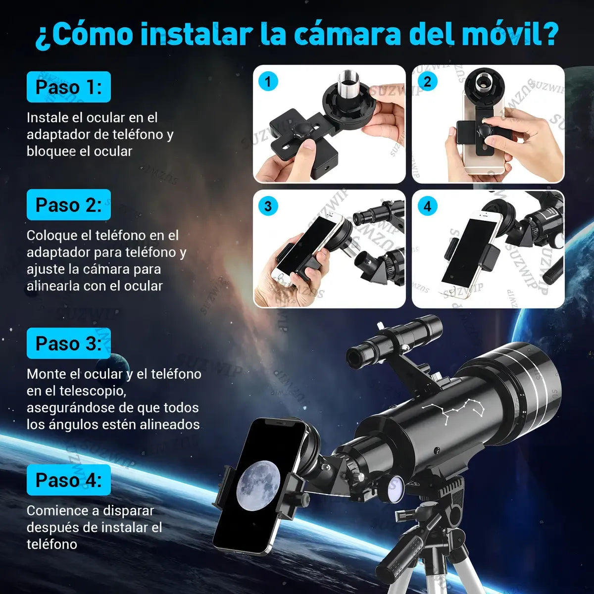 Telescopio Astronómico Profesional 70/400mm con Trípode Ajustable y Soporte para Móvil