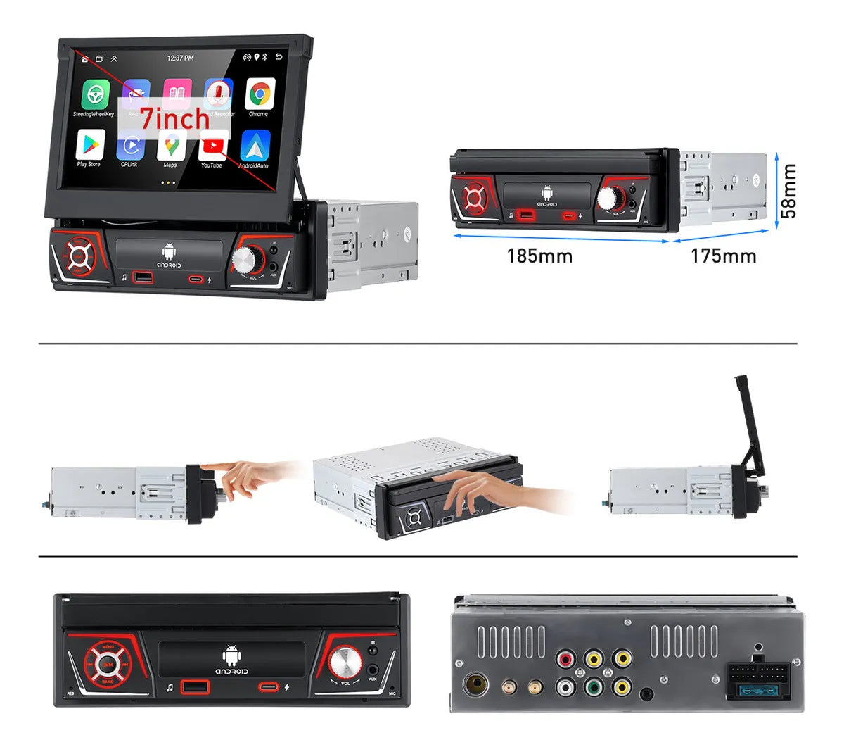 Autoestéreo retráctil 7" con Android 13, CarPlay y WiFi