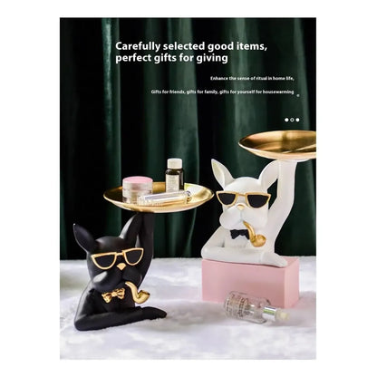 Bulldog Dog Sculpture with Organizer Tray for Home Decoration