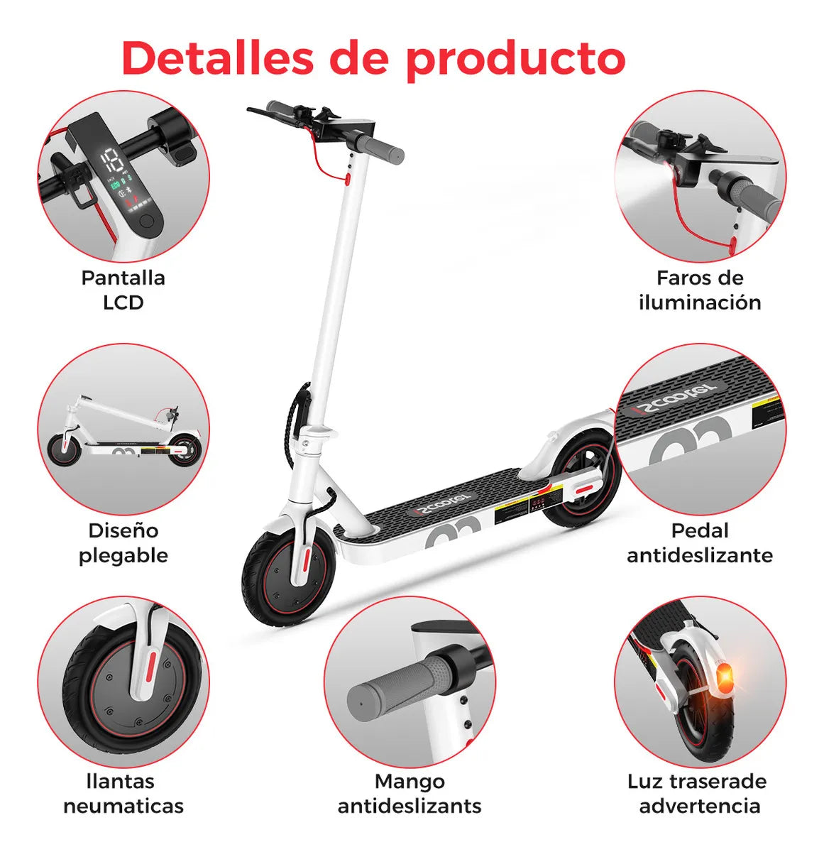 Scooter Eléctrico Plegable 25km/h con Neumáticos de 8.5'' y LED - Metacompras