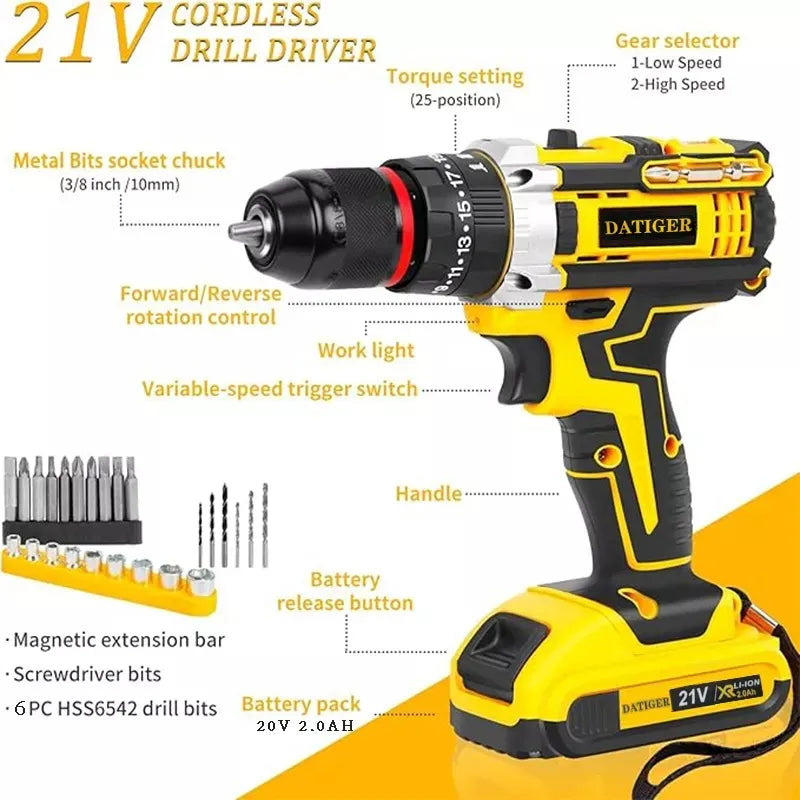Kit Completo de Taladro Inalámbrico 21V con Impacto y 2 Baterías - Metacompras