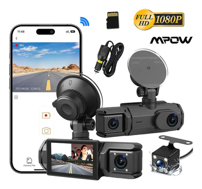 Dashcam 3 Cámaras HD con Wifi, Visión Nocturna y Control por App